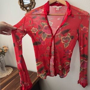 Vivienne Tam Designer Red Chinoiserie Sheer Long Sleeve Y2K Blouse (RARE!)